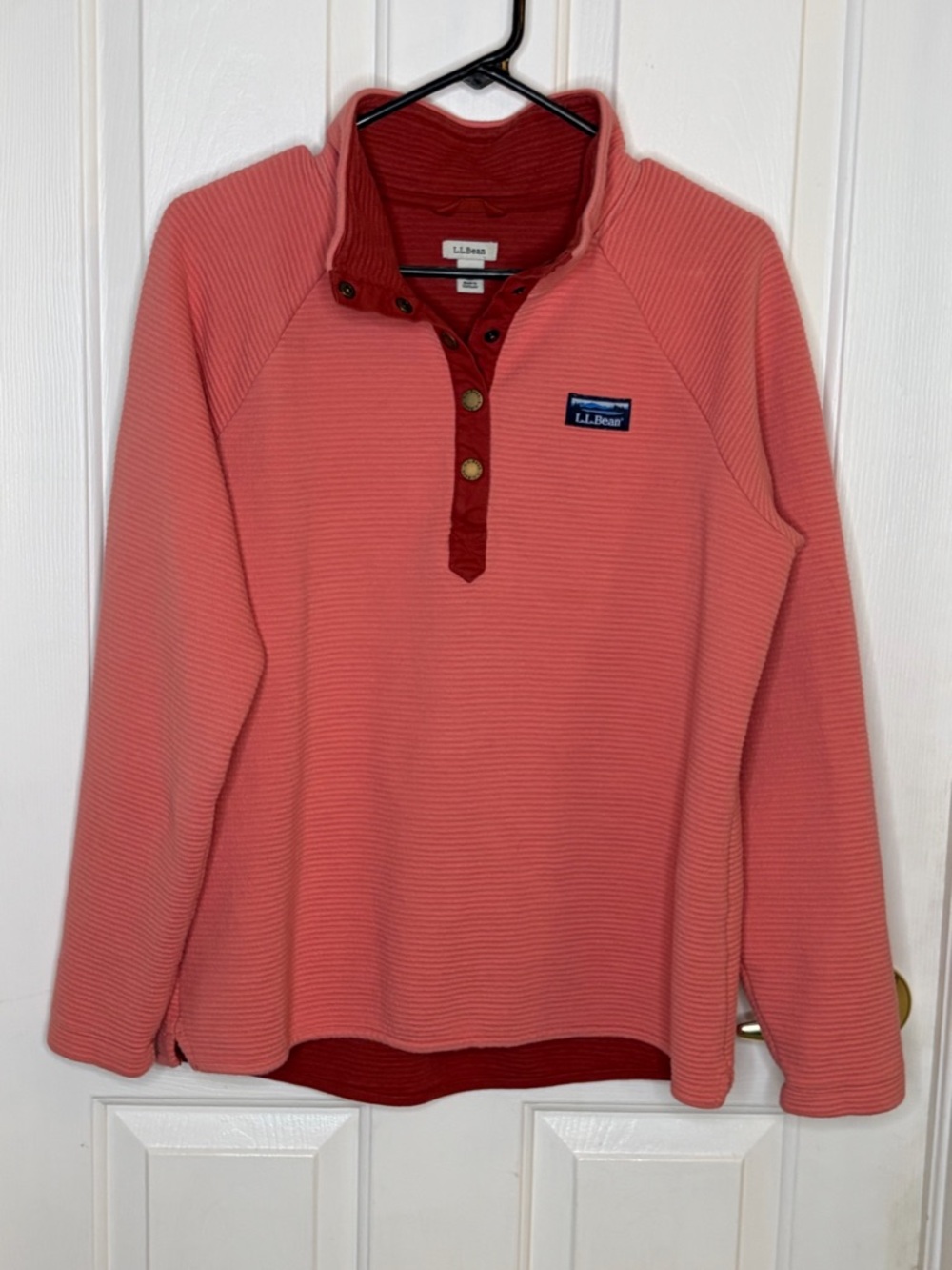L.L.Bean Pullover Womens Medium Coral Snap Neck‎ Waffle Knit Sweatshirt Outdoor